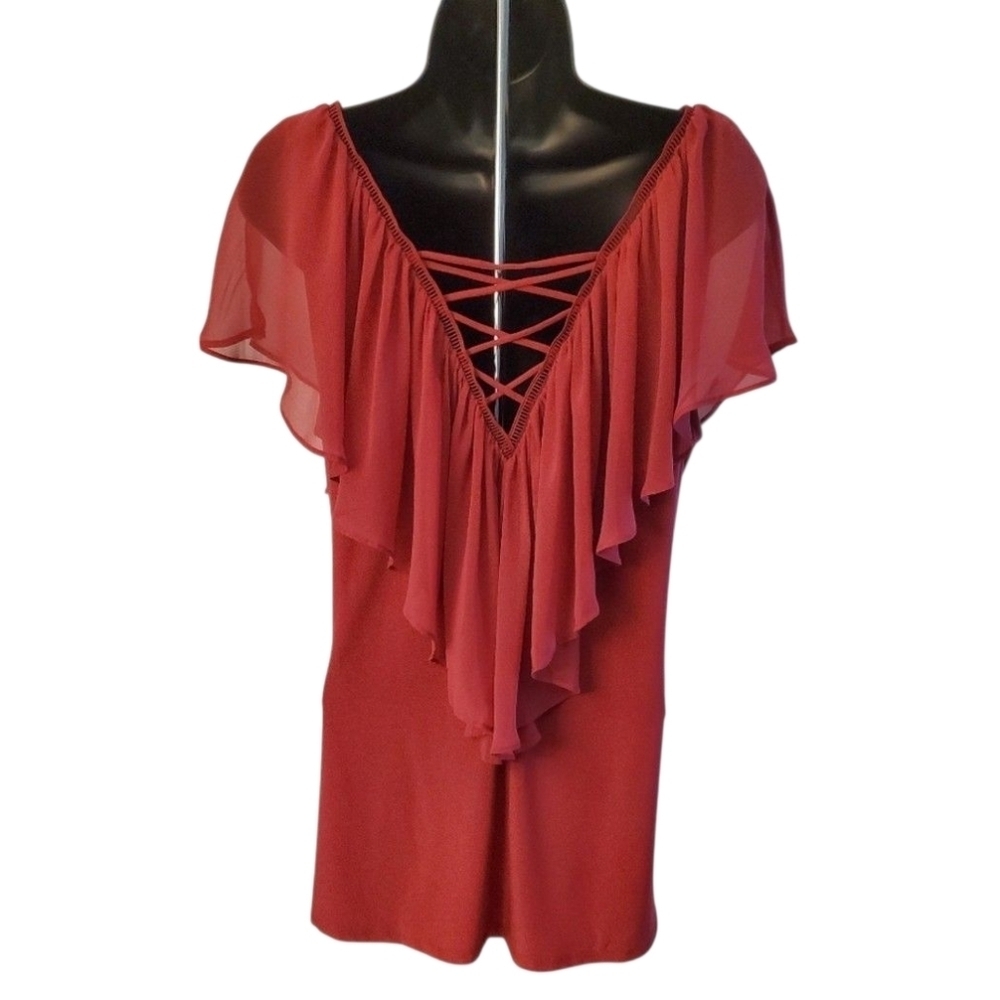 White House Black Market Red Sleeveless Chiffon Ruffle Tiered V Neck Top Size M - Picture 4 of 6